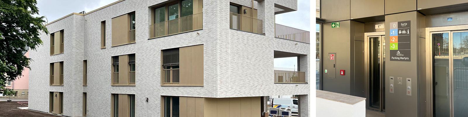 Image gauche: Détail d'une façade avec des pierres claires et des revêtements en tôle beige, de grandes surfaces vitrées et des loggias. Image droite : Détail de l'entrée du parking avec bardage en tôle autour des ascenseurs.