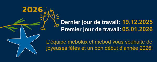 Vœux de Noël de mebod et mebolux Team avec pendentif étoile et deux verres à vin trinquant à 2026. Indication des congés de Noël avec le dernier et le premier jour de travail.