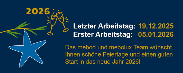 Weihnachtsgruß von mebod und mebolux Team mit Grafik Sternanhänger sowie 2 Weingläser anstoßend auf 2026. Hinweis auf Weihnachtsurlaub mit letzten und ersten Arbeitstag.