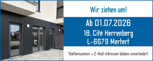 Bannerbild mit Ausschnitt von Fassade Büro mebolux im linken Bereich. Im rechten Bereich Hinweise mit Umzugsdatum und neuer Adresse.